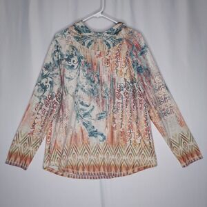 Chicos Hooded Top Womens Large Multicolor Artsy Stretch Knit Boho Coastal